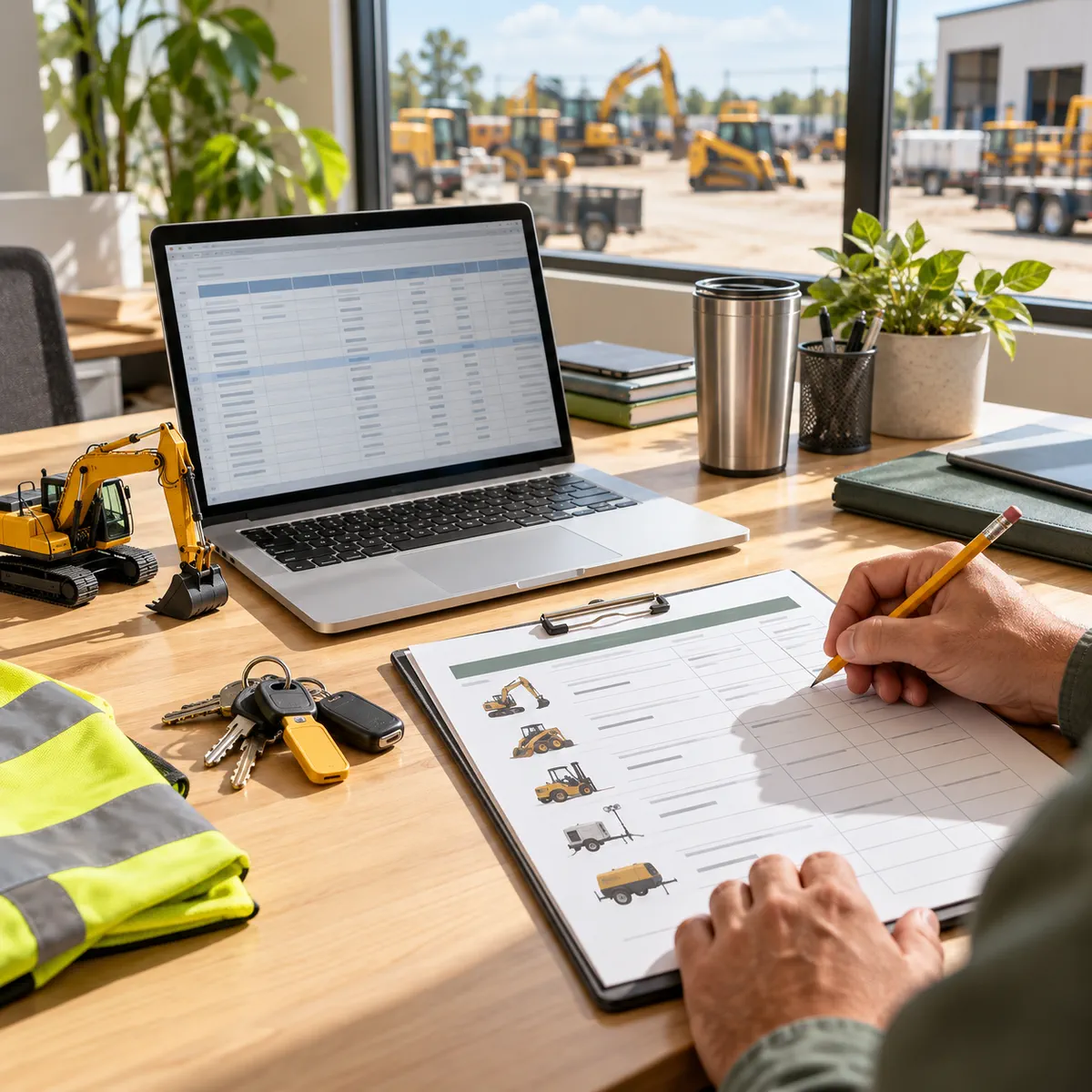 Sunlit equipment rental office desk with a fleet spreadsheet, rental checklist, keys, and a miniature excavator