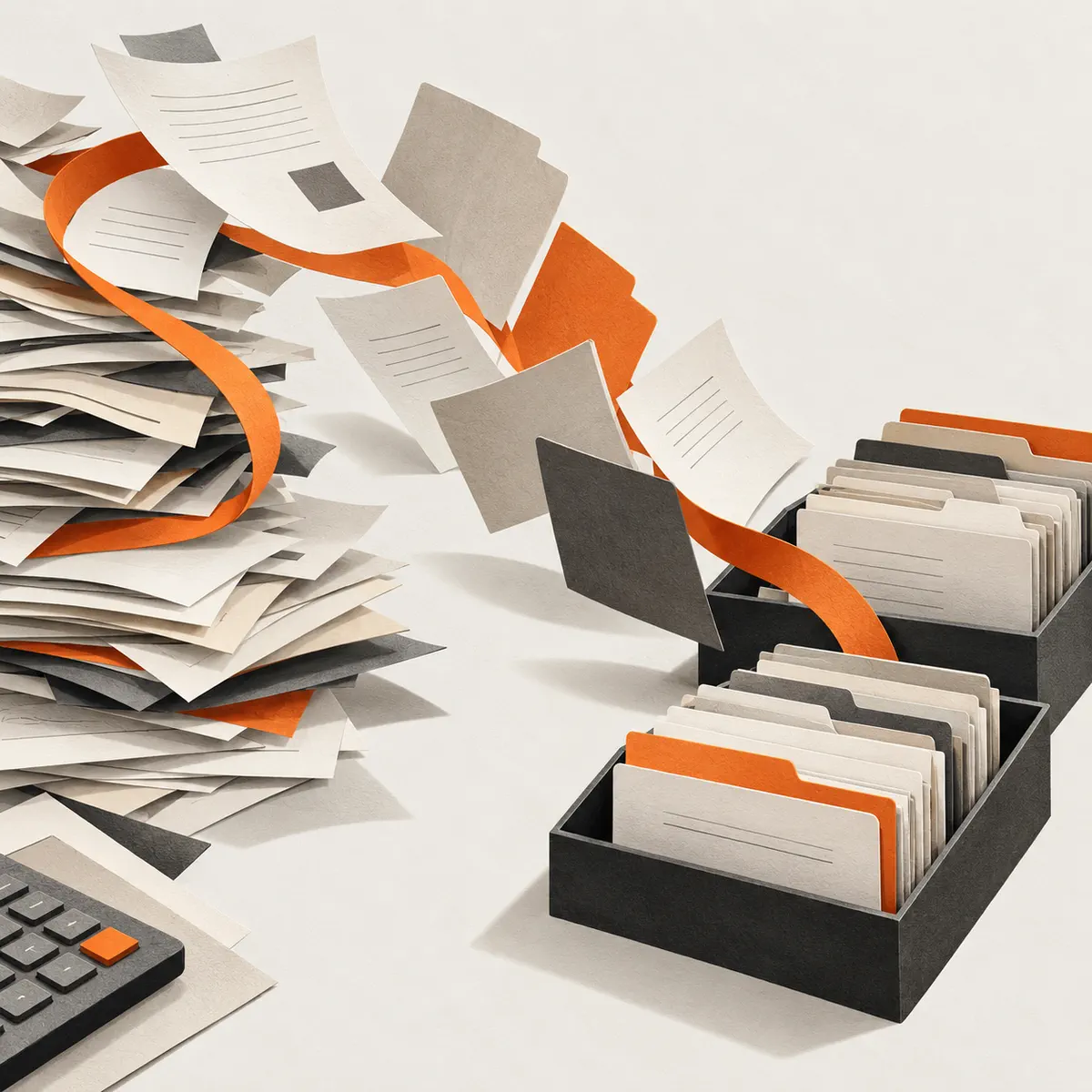 Layered paper client files and tabbed record folders arranged with an orange paper ribbon for financial document organization