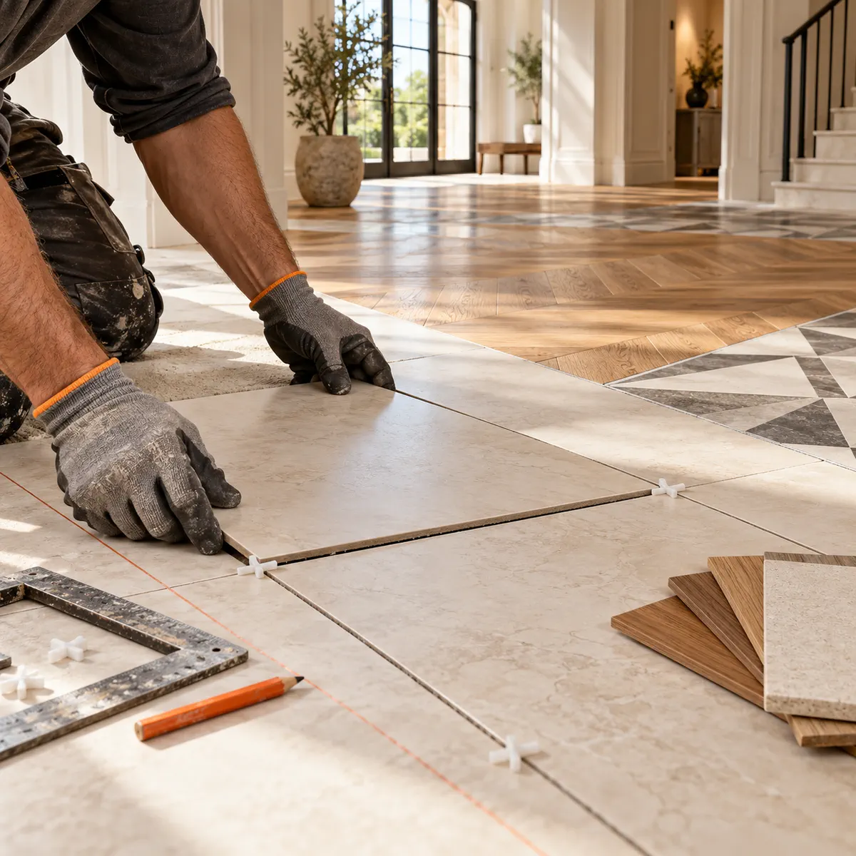 Flooring installer aligning a porcelain tile during a bright renovation with oak flooring, tile spacers, and material samples