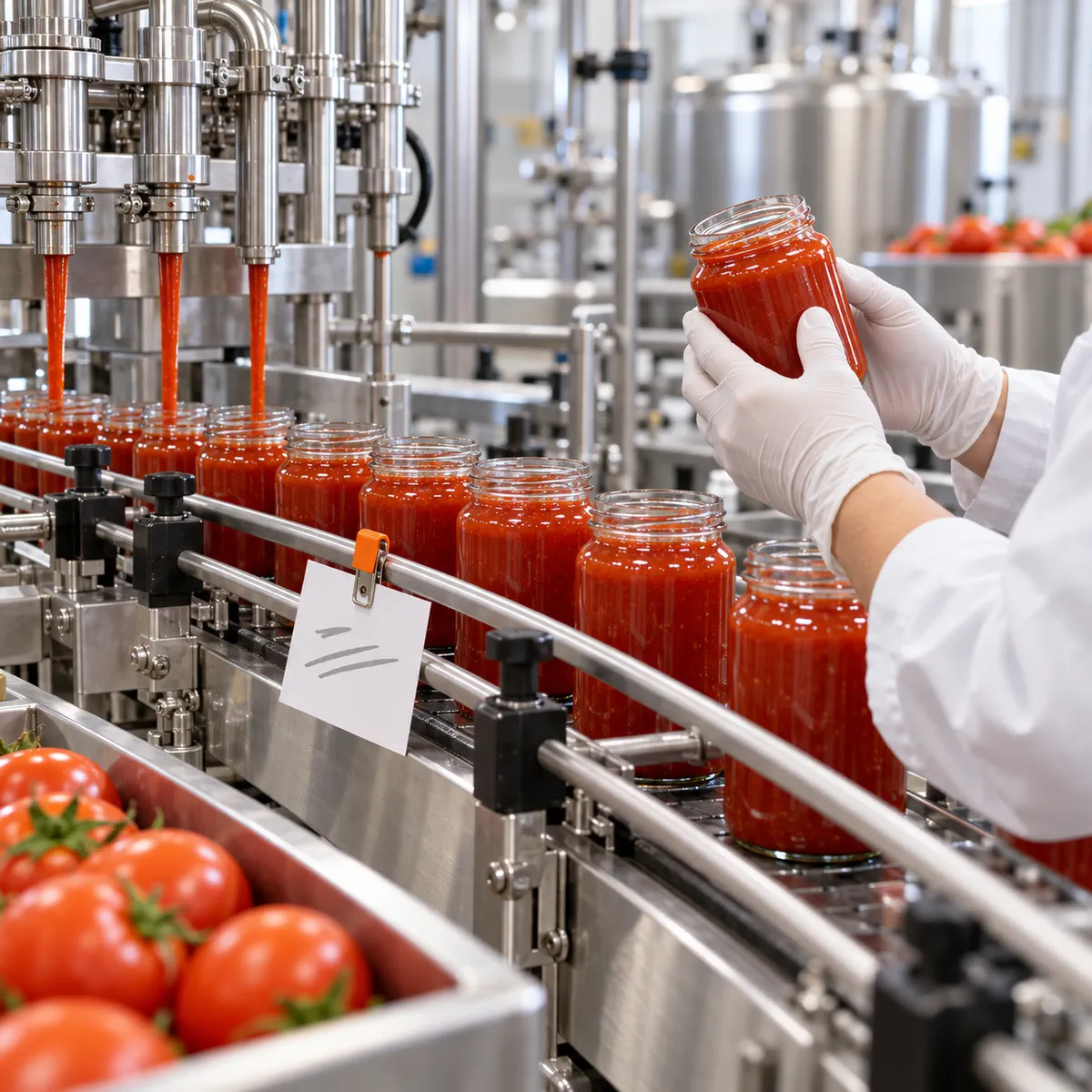 Gloved quality worker checks an unlabeled sauce jar on a stainless-steel food production line with batch card and tomatoes