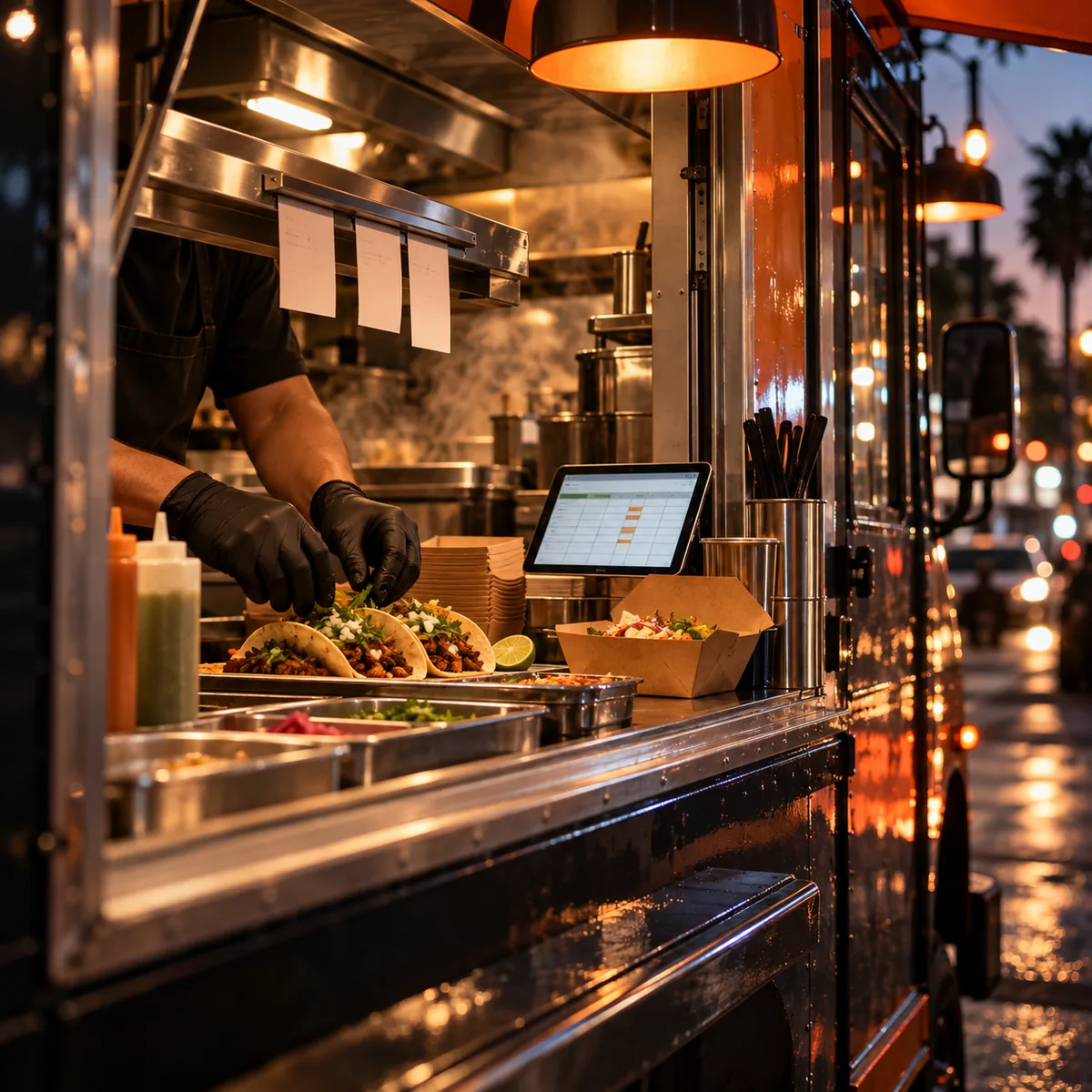 Food truck cook preparing tacos beside a tablet-based stock grid and order tickets at a warmly lit service window
