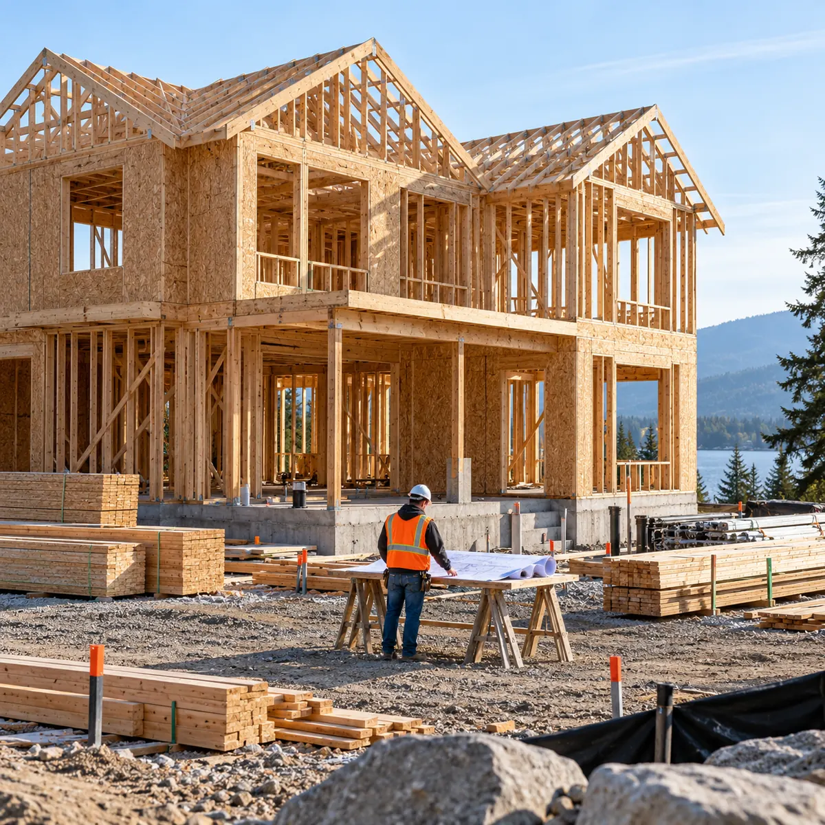 Site superintendent reviewing a project plan beside a timber-framed home under construction
