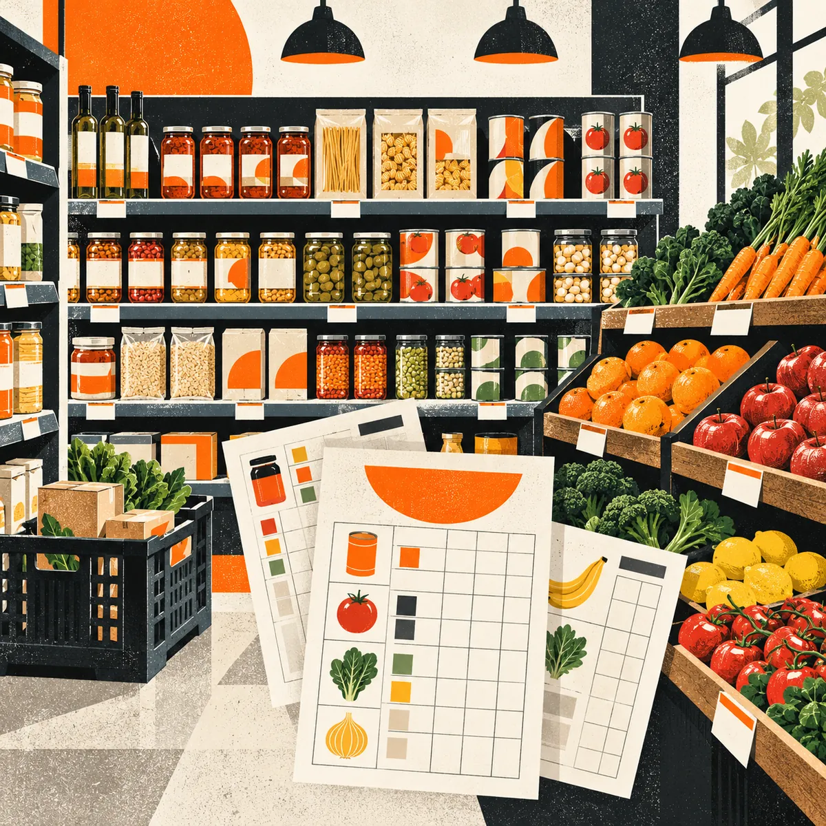 Screen-printed grocery aisle illustration with produce, pantry shelves and abstract inventory grid cards