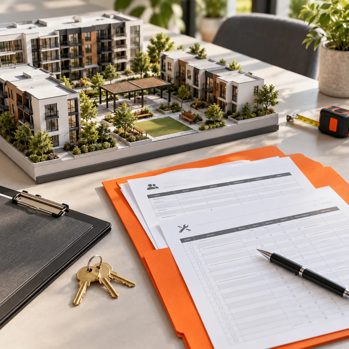 Condominium community model beside an orange folder, HOA roster and maintenance forms, and unit keys