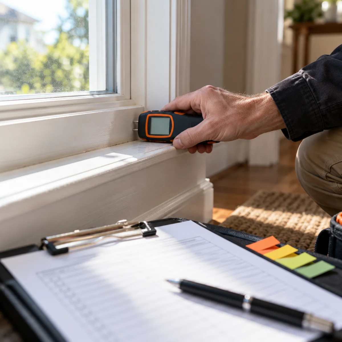 Home inspector checking a window trim with a moisture meter beside a paper inspection checklist