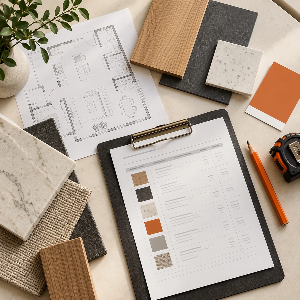 Overhead flat lay of remodeling plans, wood and tile samples, a project worksheet, orange pencil and tape measure