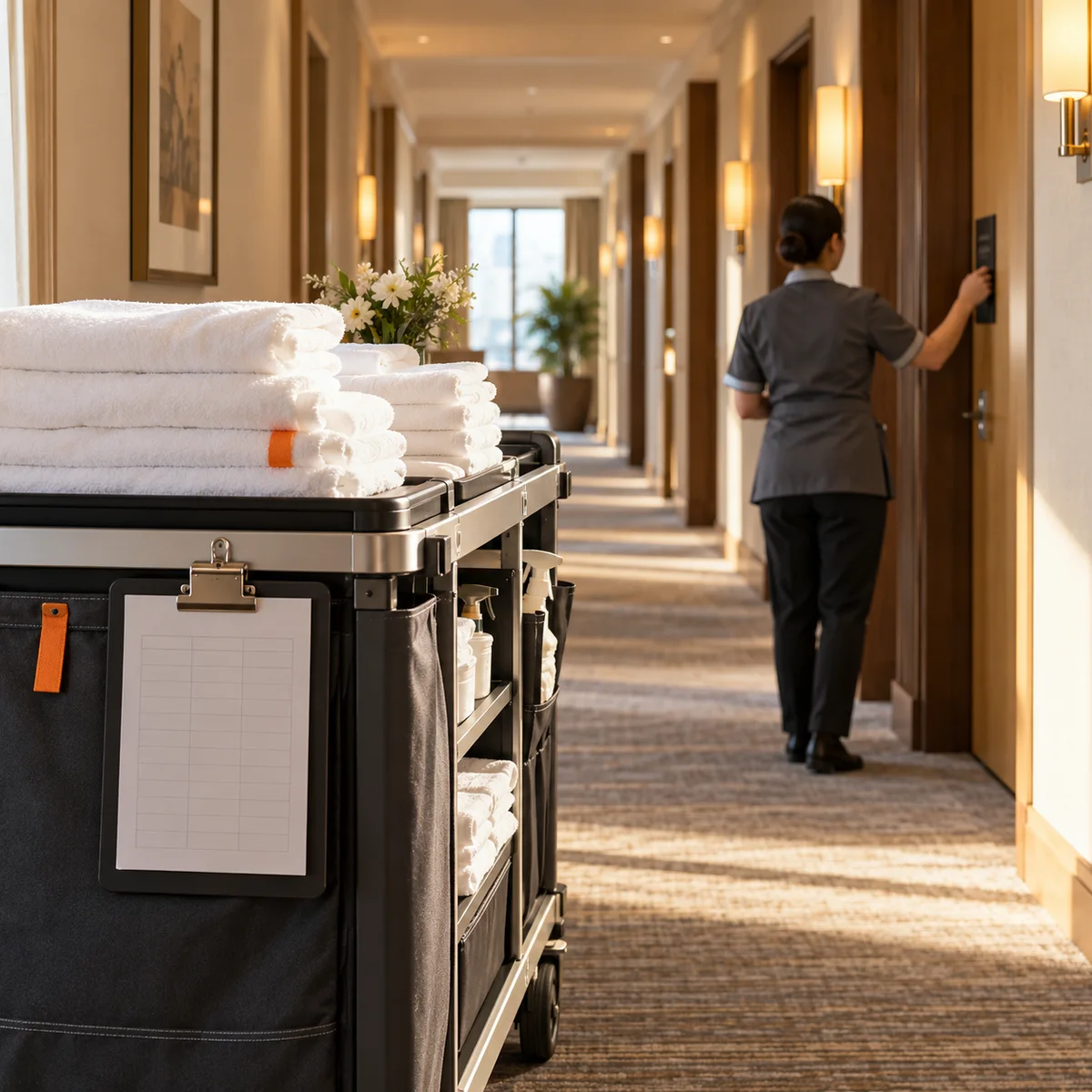Hotel housekeeping trolley with folded towels in a sunlit corridor as a staff member checks a guest-room door