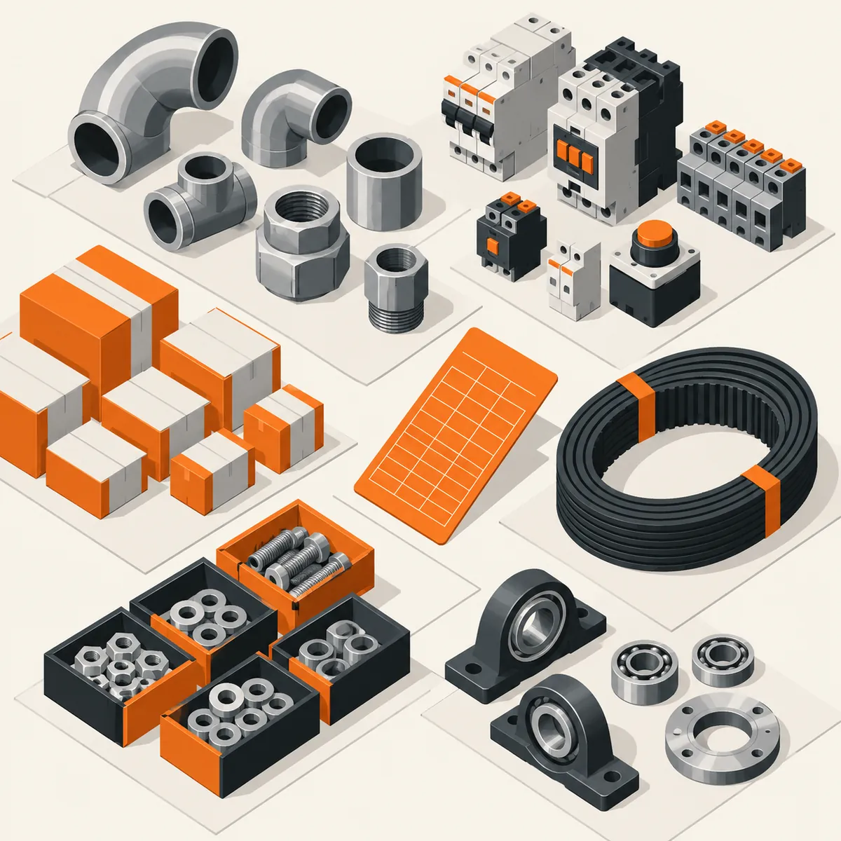 Clean isometric illustration of industrial supplier parts, product cartons, electrical components and an orange catalog grid card