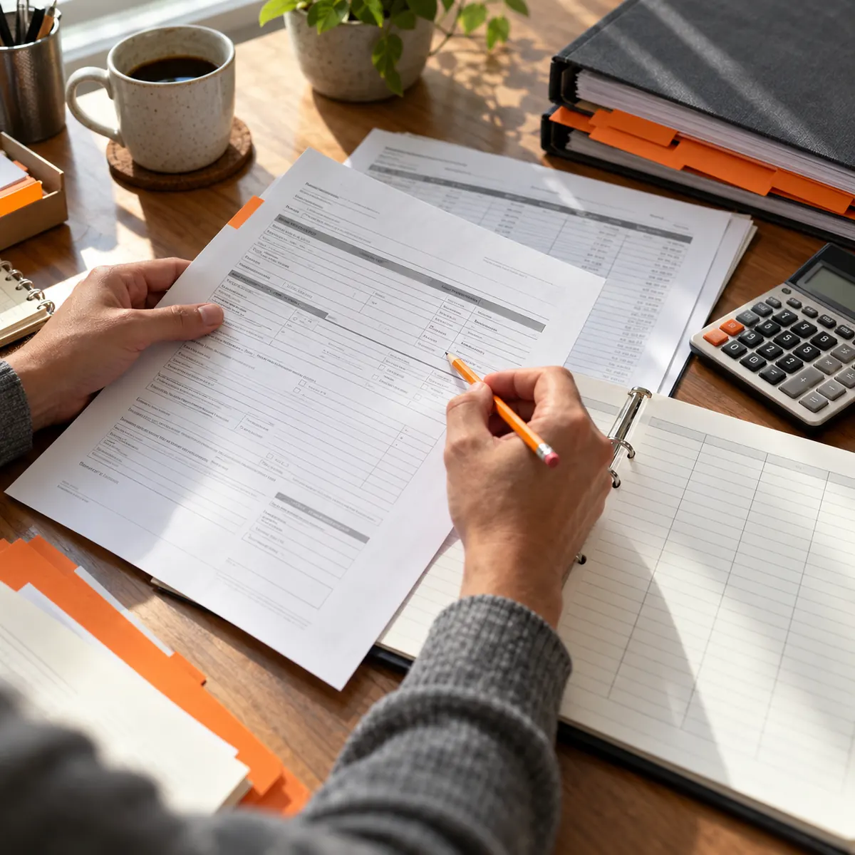 Insurance professional reviewing a policy application and renewal schedule with an orange pencil at an agency desk
