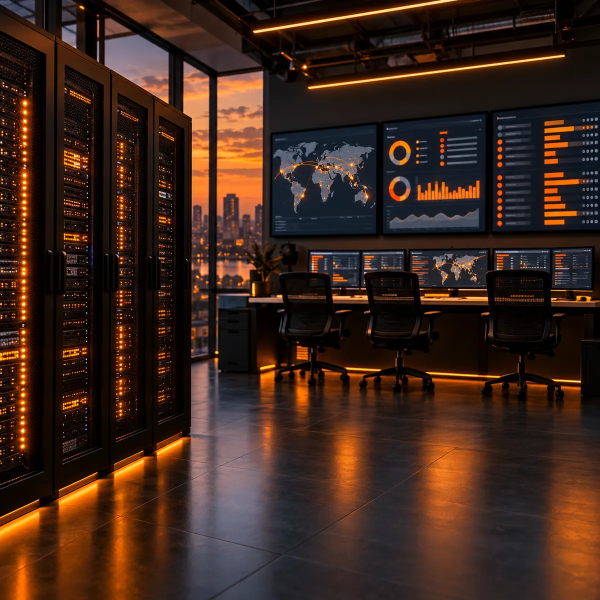 Dark managed IT operations center with server cabinets and orange-accented multi-site service dashboards