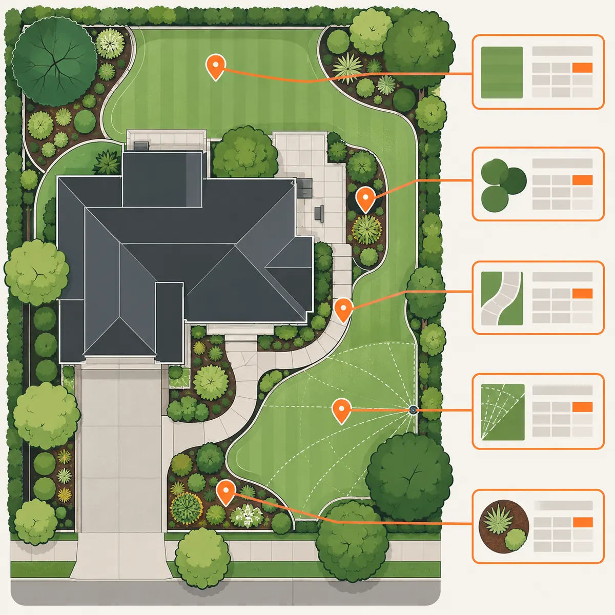 Overhead vector landscape plan with lawn, garden beds, irrigation zones and orange-linked maintenance records