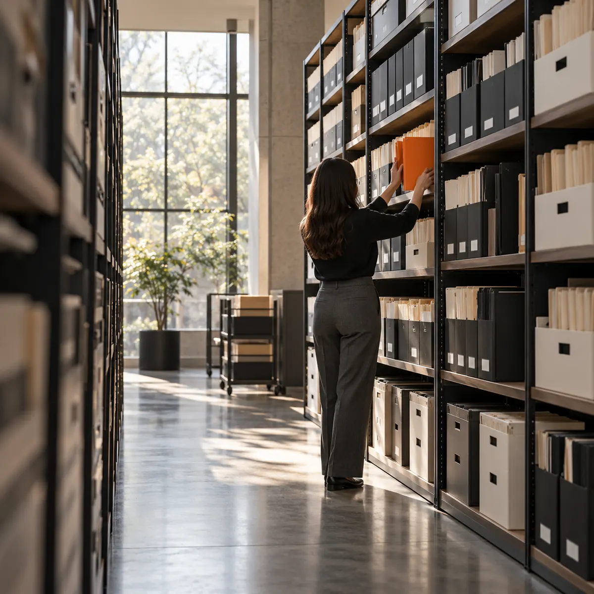 A law firm records coordinator filing organized matter folders in a bright legal archive, with shelves of labeled case files and an orange folder accent