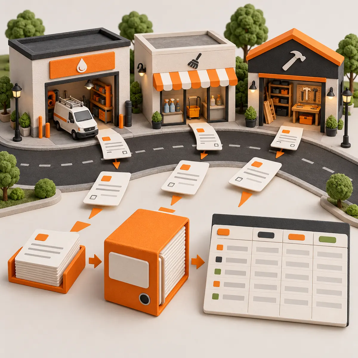 Three miniature neighborhood service storefronts linked by work-order cards to an orange binder and an organized service ledger