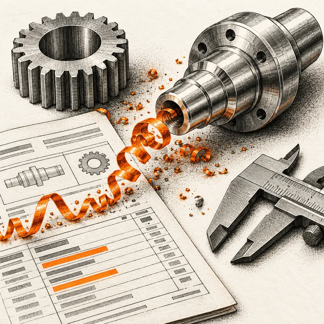 Precision-turned metal parts and orange metal shavings beside a production traveler sheet in a detailed industrial engraving style