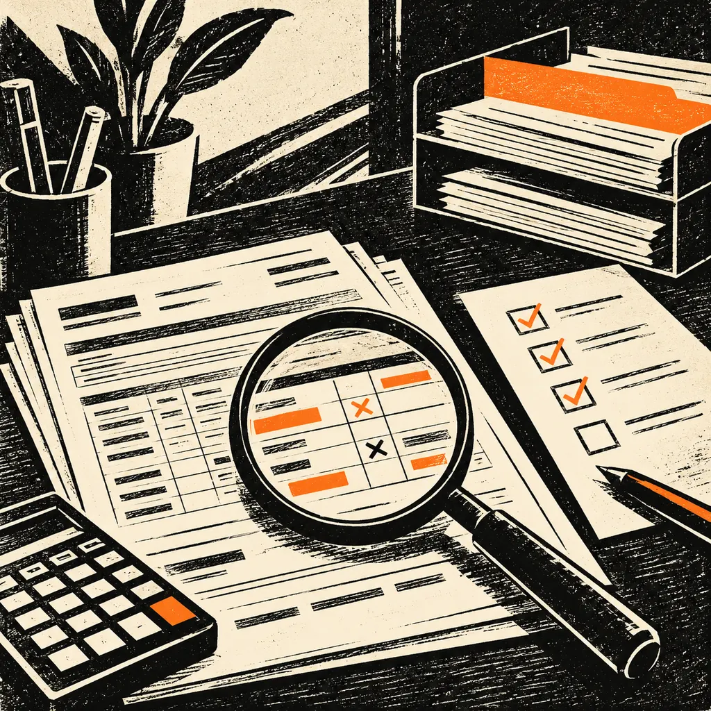 Black and ivory linocut illustration of billing forms reviewed through a magnifier with orange exception marks and a checklist