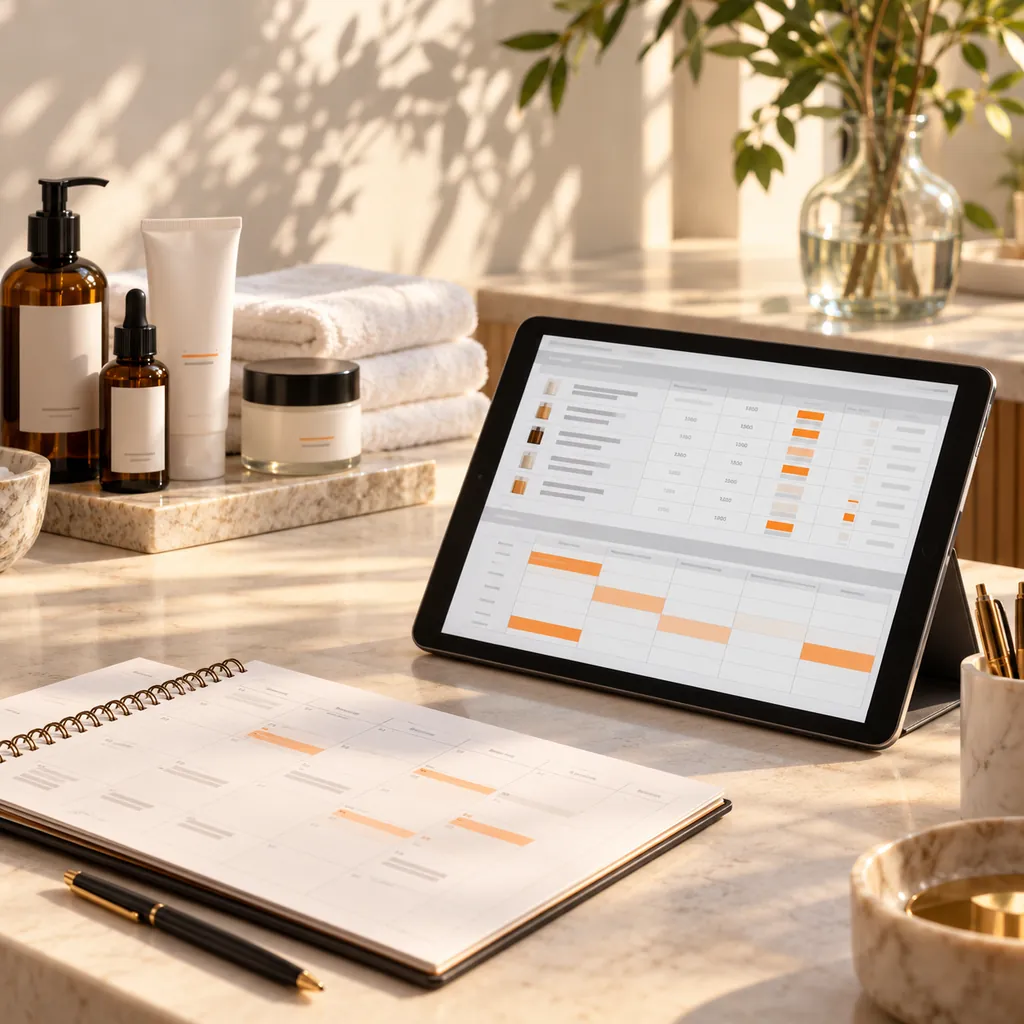 Premium spa still life with skincare products, towels, a schedule planner and an orange-marked inventory tablet