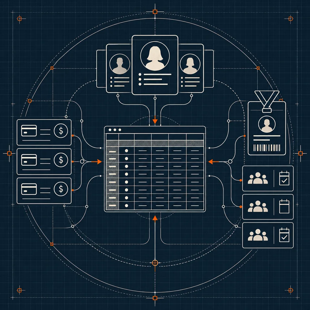 Dark blueprint illustration connecting member cards, dues records and event rosters to an association spreadsheet