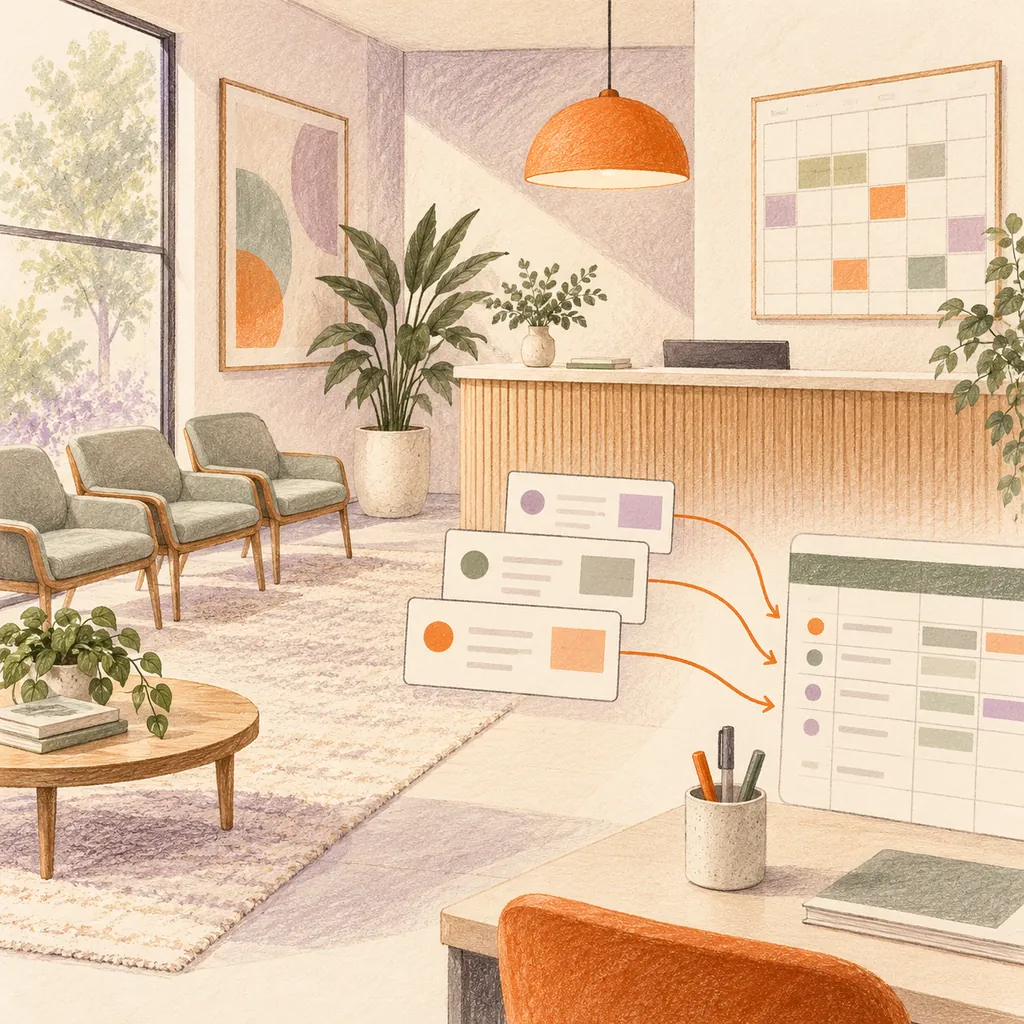 Quiet pastel illustration of an empty therapy-practice waiting room with blank schedule cards flowing into an operations grid