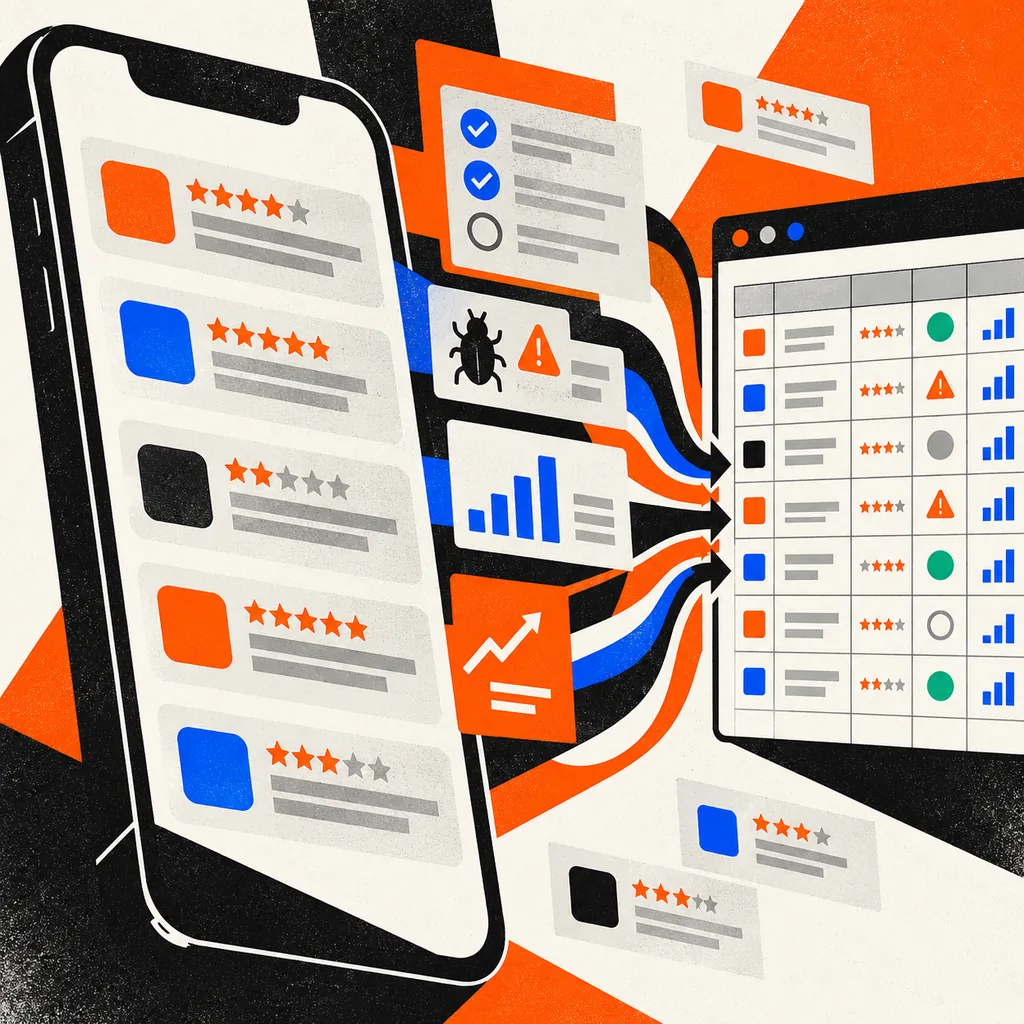 Neo-brutalist poster showing mobile app review cards and QA indicators flowing into a product tracking spreadsheet