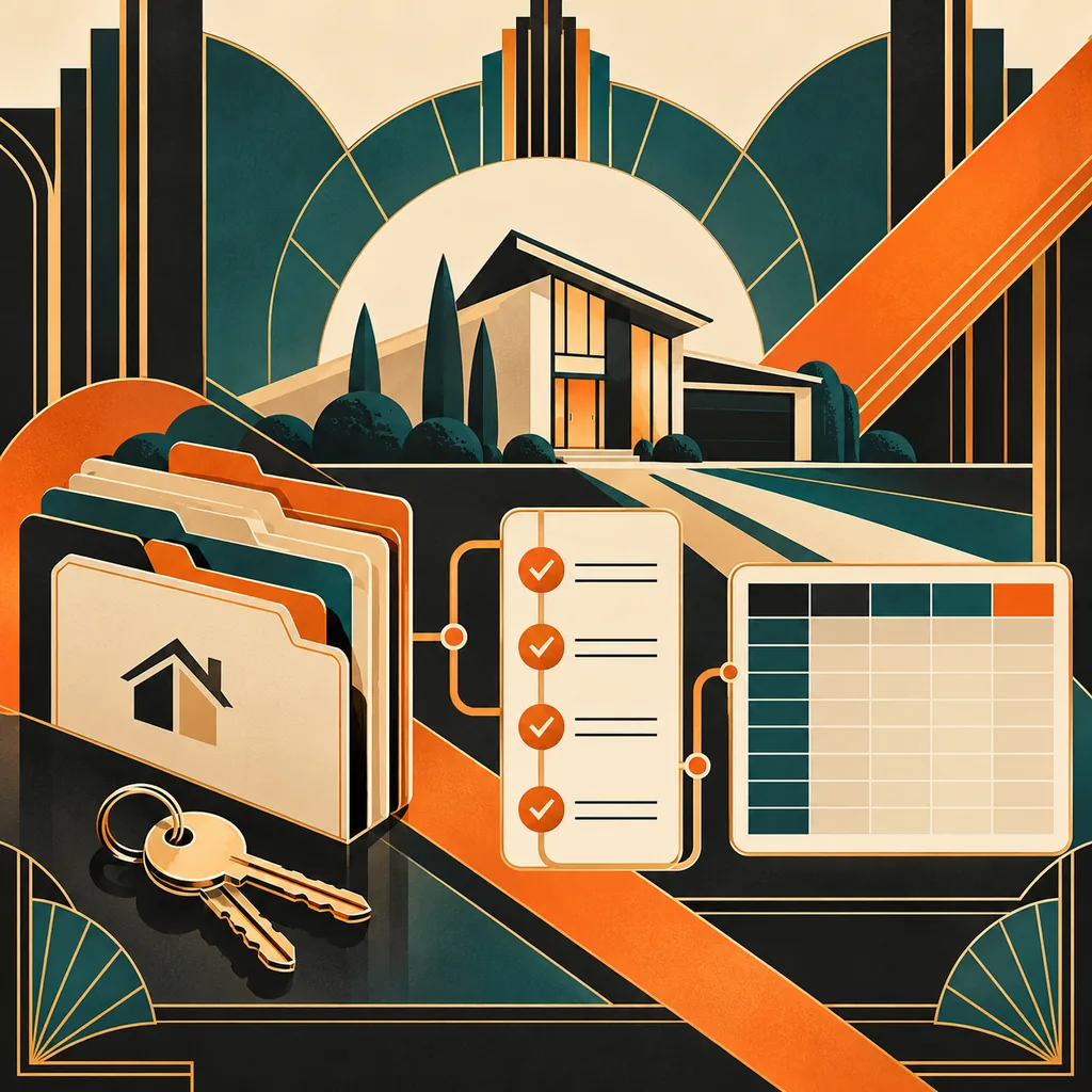 Art Deco illustration of a house, loan-file folders, milestone checklist and mortgage pipeline spreadsheet in Tranki orange, ivory and charcoal