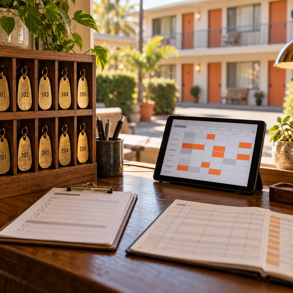 Warm editorial photograph of a motel front desk with room key rack, blank housekeeping checklist and orange-marked room-status tablet