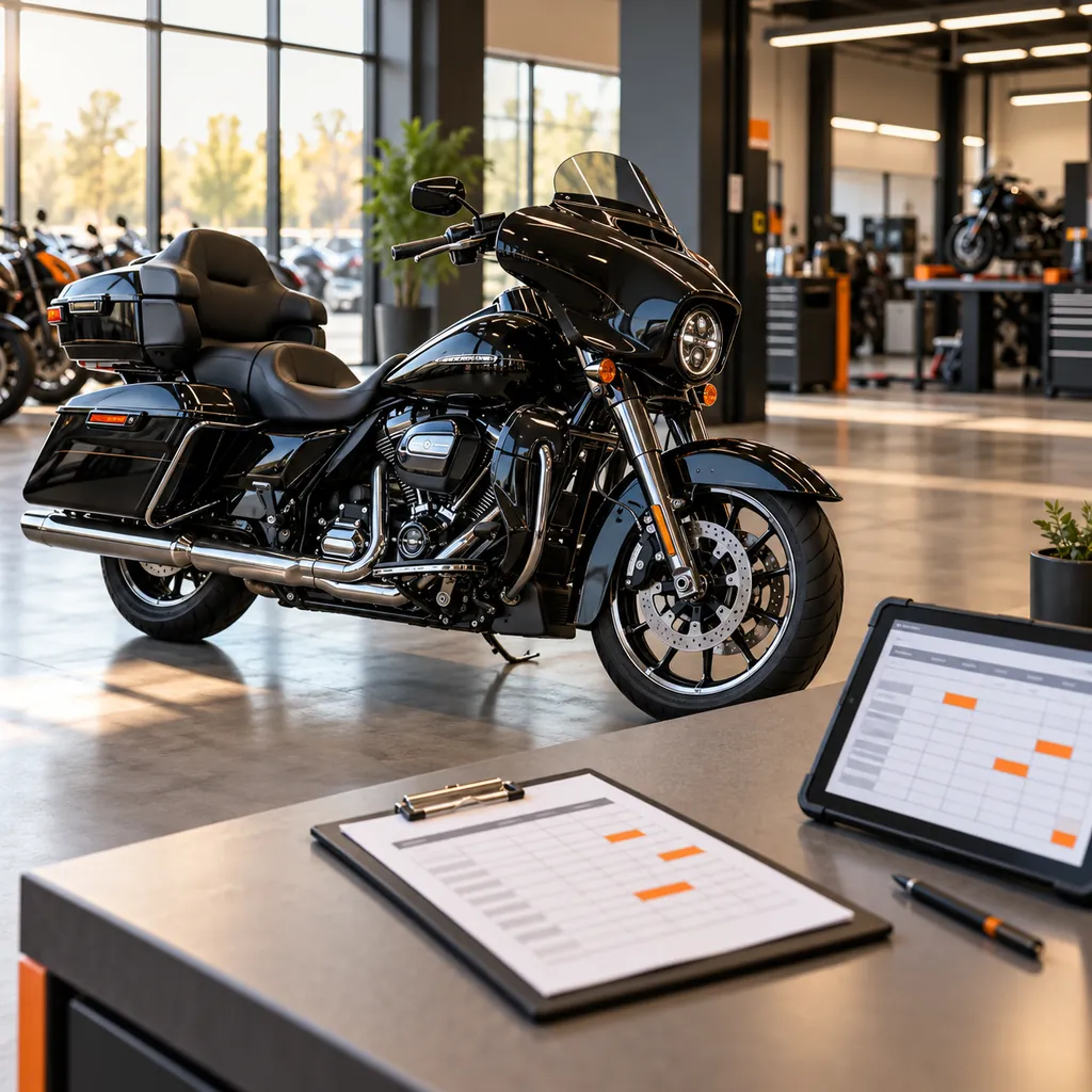 Black touring motorcycle beside inventory checklists and an orange-highlighted stock grid in a bright dealership