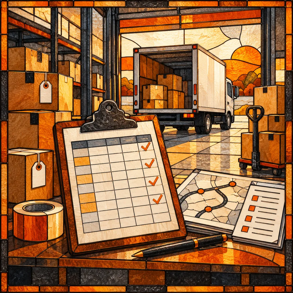 Stained glass illustration of a moving truck, inventory boxes, spreadsheet checklist and route manifest