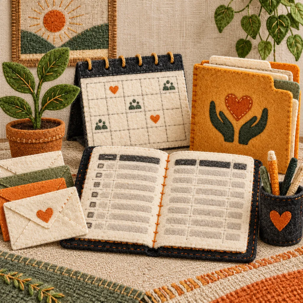Hand-embroidered nonprofit recordkeeping scene with a donation ledger, volunteer calendar and orange grant folder