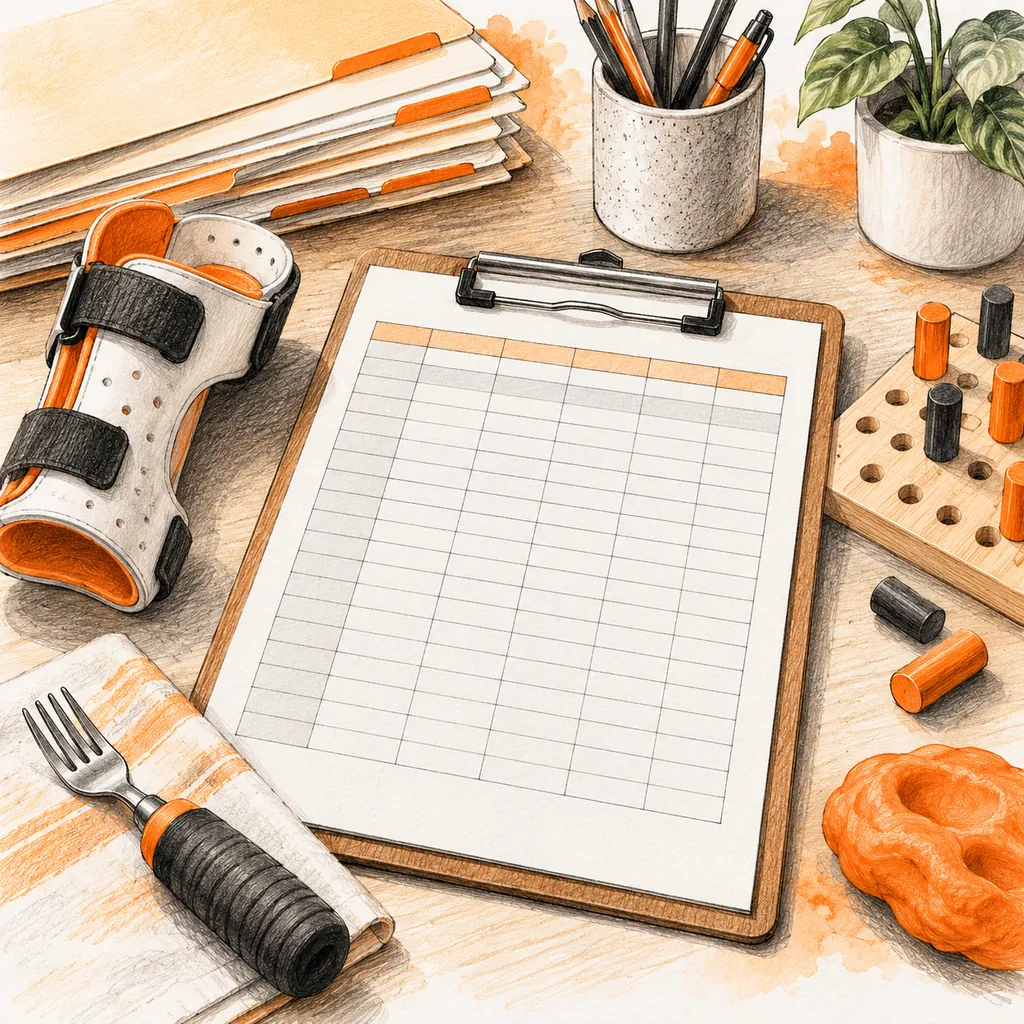 Colored-pencil illustration of an occupational therapy clinic spreadsheet beside an adaptive hand splint, pegboard and therapy putty