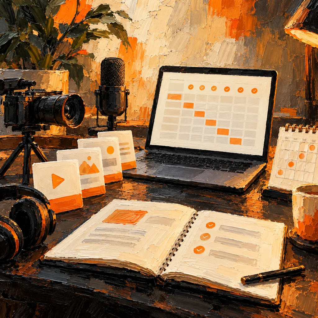Expressive oil painting of an online course studio with a module grid, video camera, lesson cards and workbook