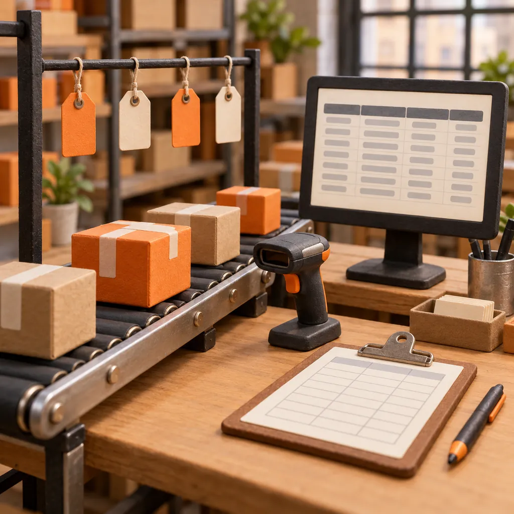 Handcrafted miniature retail fulfillment station with packages, blank SKU tags, a barcode scanner and order grid