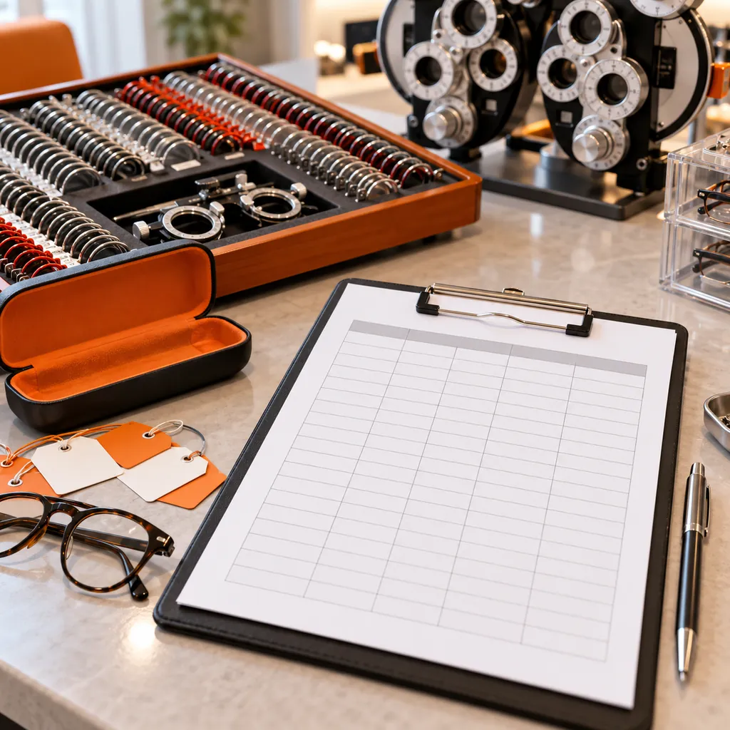 Editorial optometry workbench photograph with trial lenses, a phoropter, frame case and blank spreadsheet clipboard