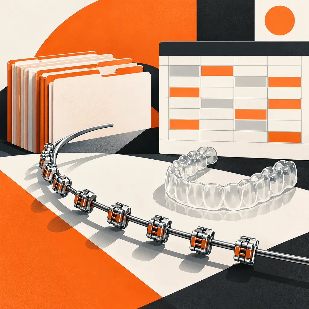 Geometric editorial illustration of orthodontic brackets and archwire, a clear aligner, case folders and a blank status grid