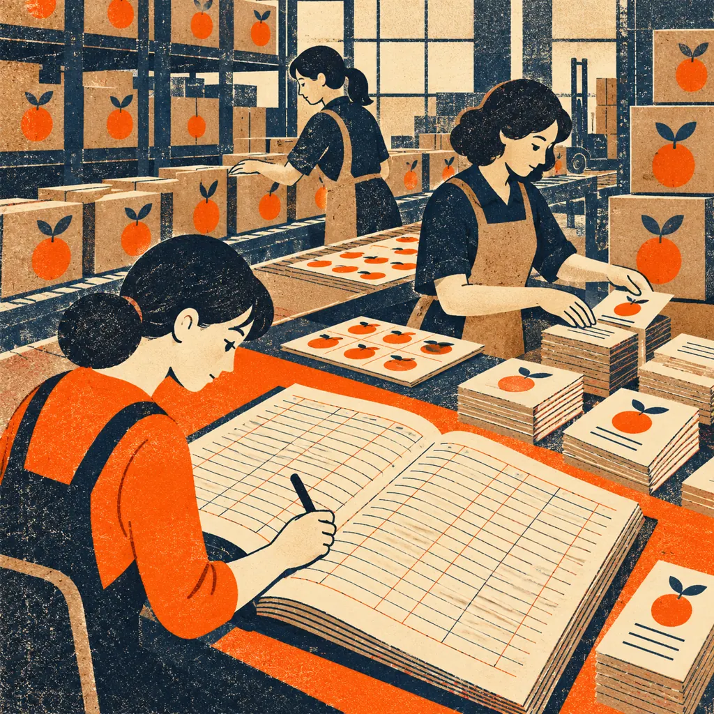 Flat risograph illustration of packaging cartons, order slips and label sheets organized into a ledger