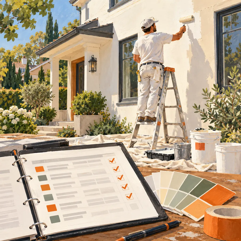 Editorial gouache illustration of a residential painting job with color swatches, paint tools and a contractor job ledger
