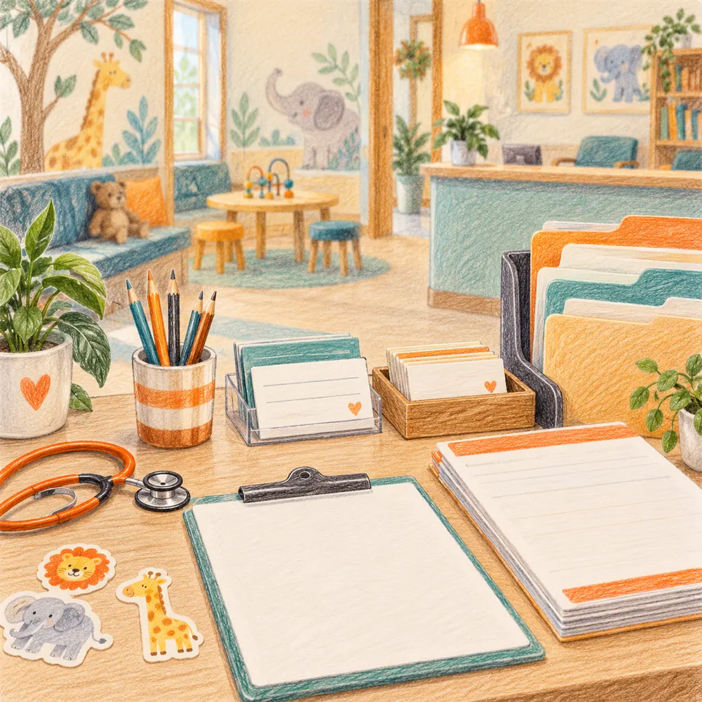 Colored-pencil illustration of a pediatric practice admin desk with blank forms, appointment cards and an organized tracker
