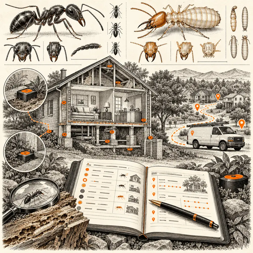 Entomological engraving of pest specimens, monitoring stations and a service logbook with orange markers