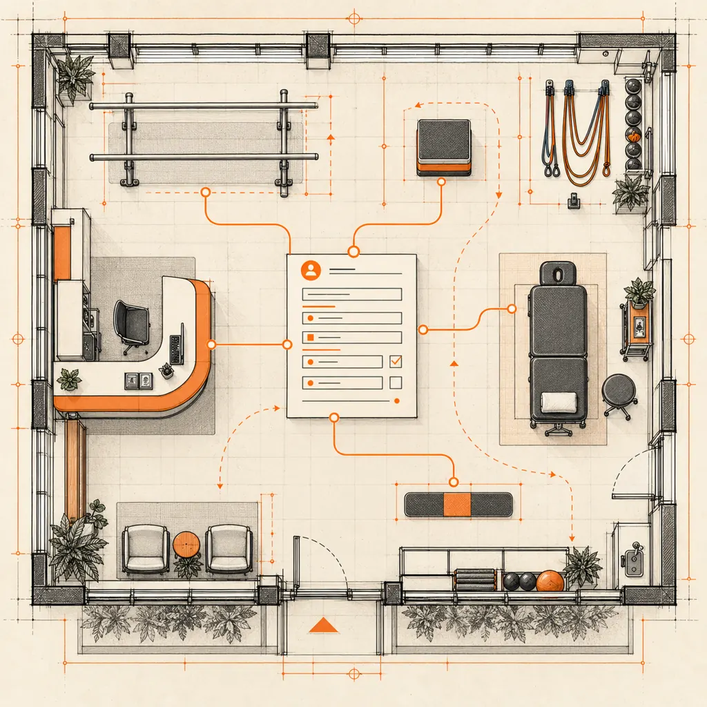 Architectural blueprint illustration of a physical therapy clinic layout with therapy equipment and an administrative visit log