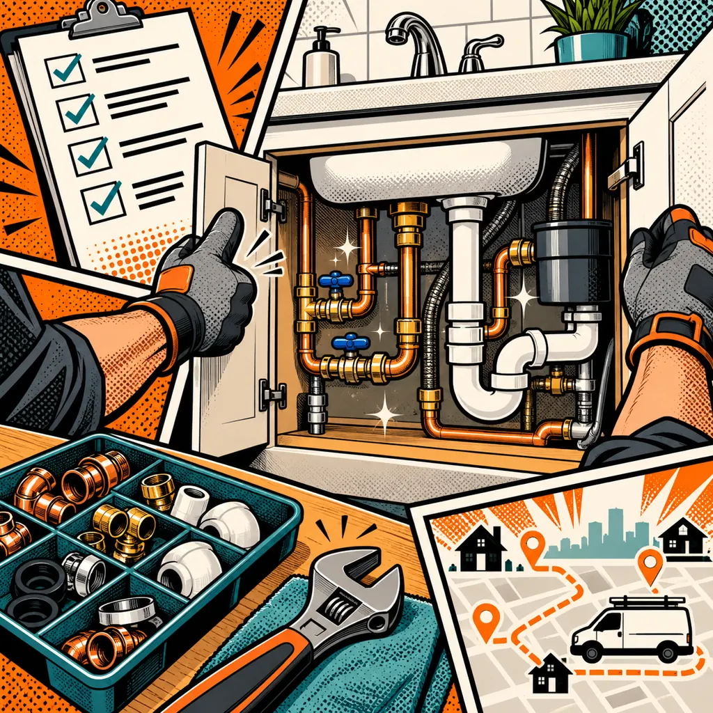 Pop-art comic illustration of plumbing pipework, a wrench, service work order and parts tray