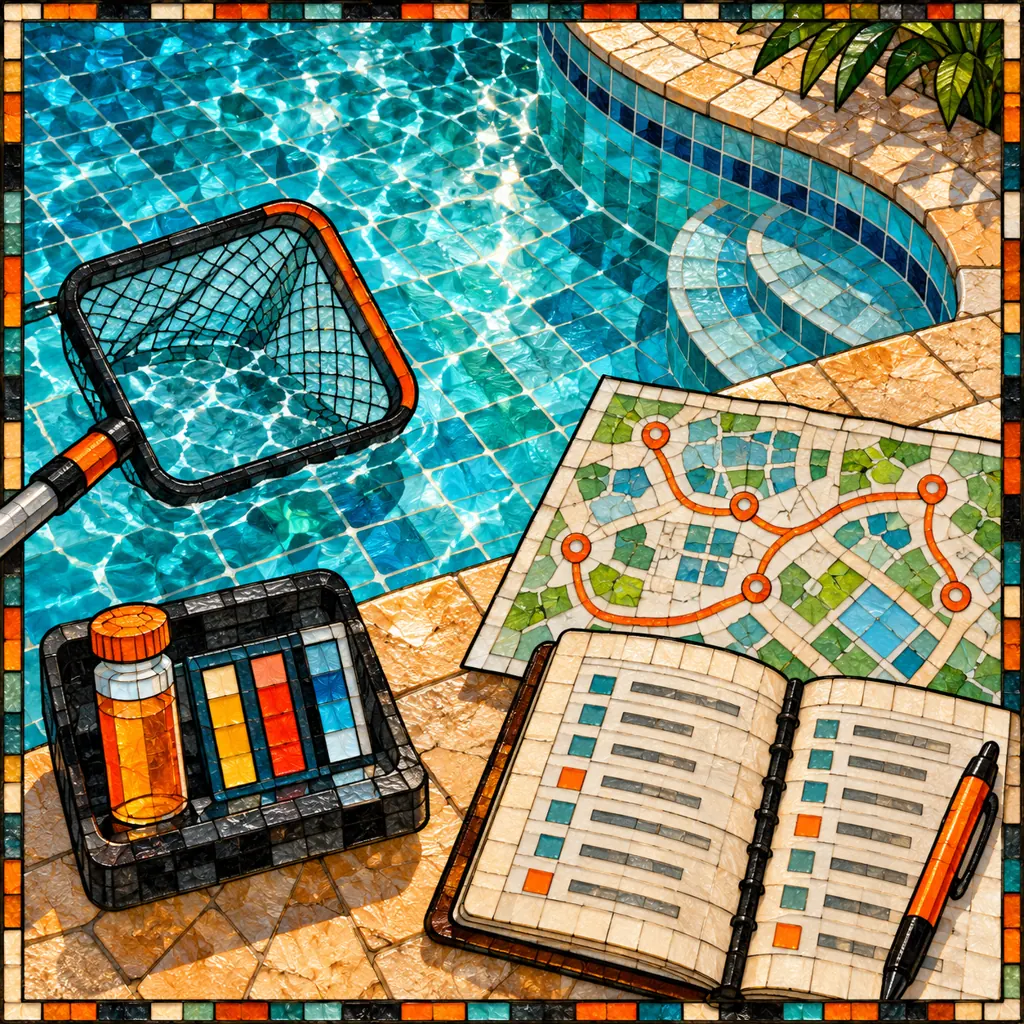 Stained-glass mosaic of a swimming pool, sample vial, skimmer and service logbook