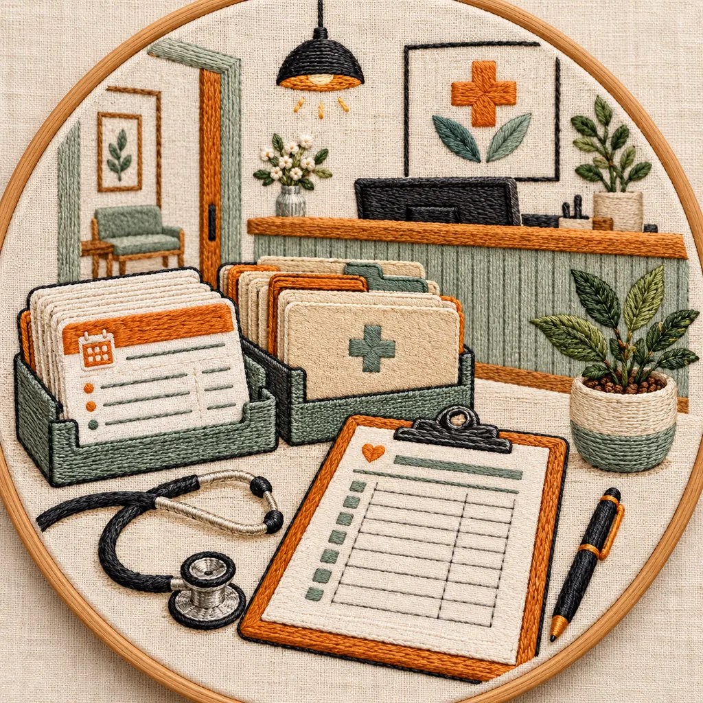 Textile embroidery illustration of a primary care front desk with appointment cards, referral folders and an intake tracker