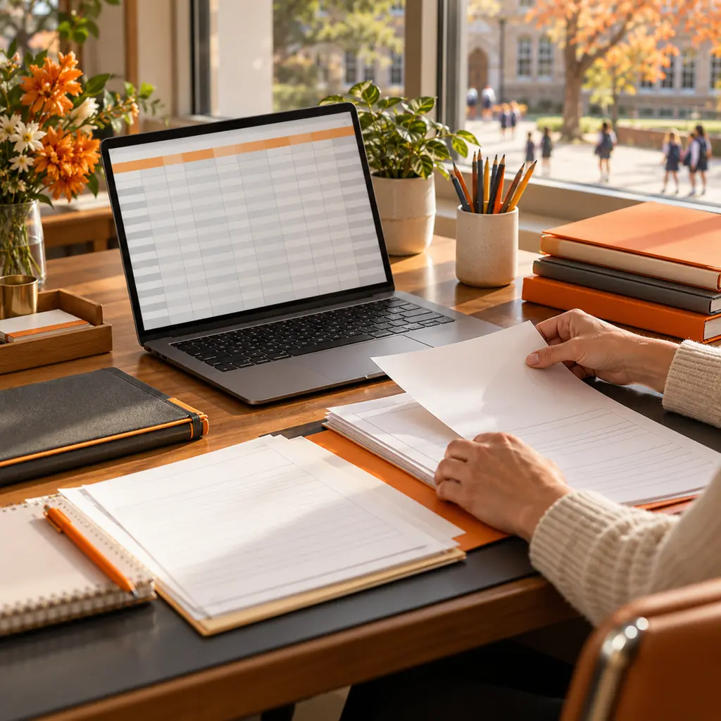 School administrator organizing blank forms beside a laptop with a clean spreadsheet grid, with a school courtyard in the background