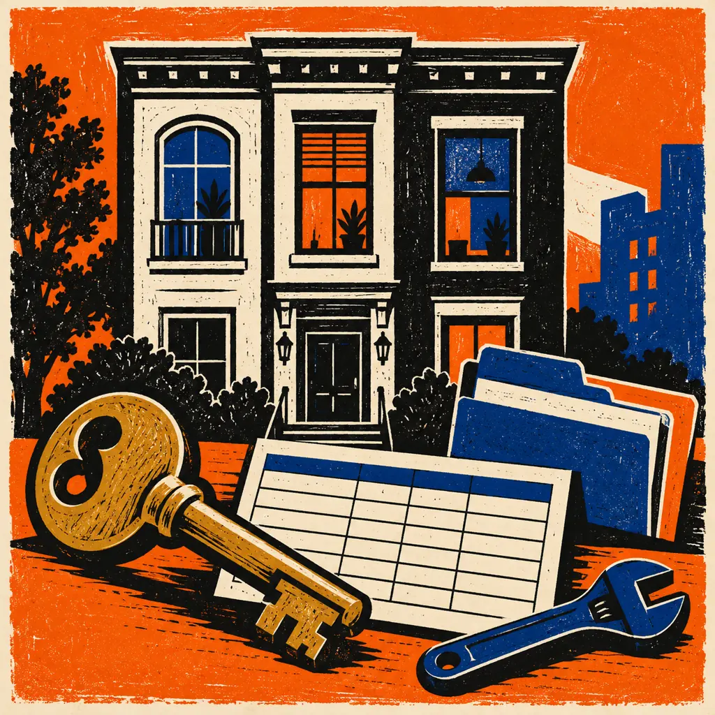 Hand-carved linocut print of an apartment building with a brass key, blank spreadsheet card, folders and maintenance wrench in orange, cream, black and cobalt