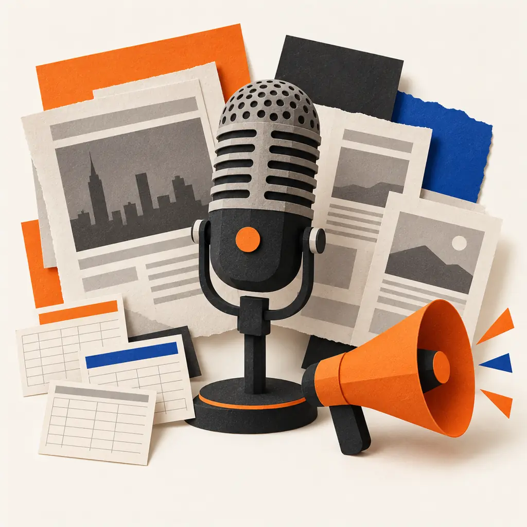 Layered paper collage with a black vintage microphone, abstract press clippings, blank campaign grids and an orange megaphone