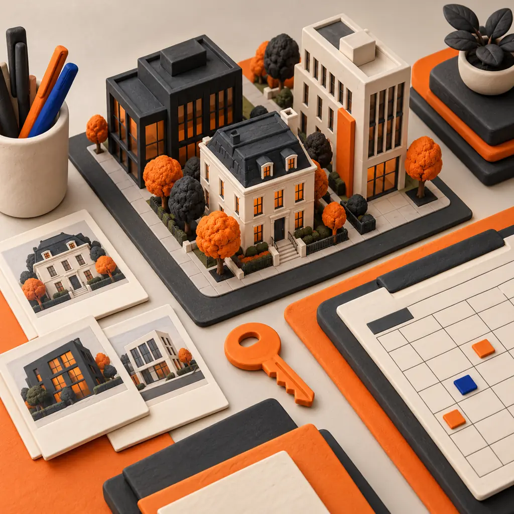 Handcrafted clay miniature of a townhouse and city blocks beside a sculpted key and blank brokerage data grid in orange, charcoal, cream and cobalt