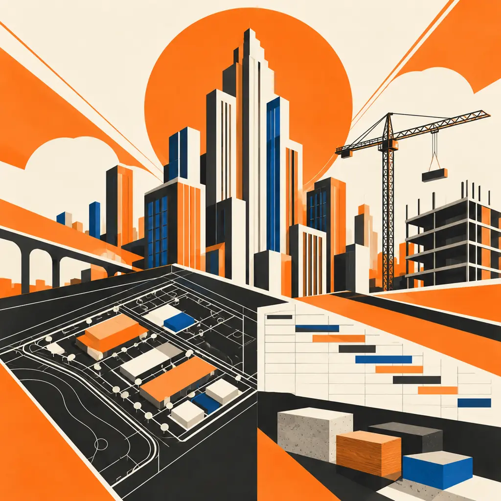 Art Deco geometric illustration of a development skyline, construction crane, site plan, milestone grid and material blocks in orange, black, cream and cobalt