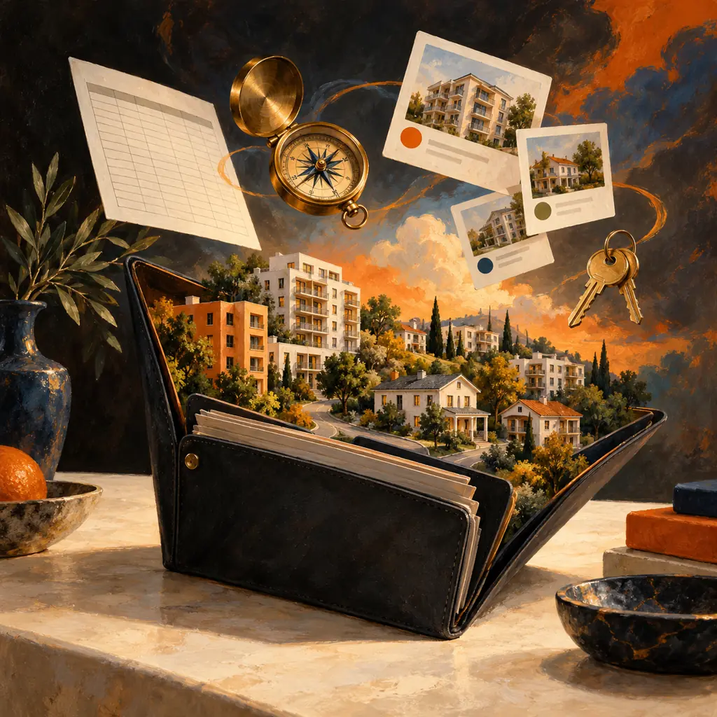 Surrealist oil painting of a portfolio folder opening into a miniature property landscape, with a brass compass, keys and blank ledger grid in orange, black and cream