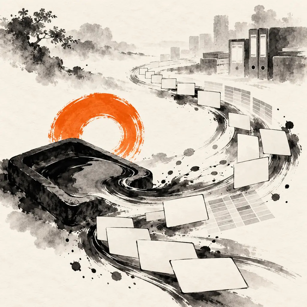 Sumi-e ink-wash illustration of blank recruiting record cards following an ink-brush path around an inkstone with a vivid orange accent