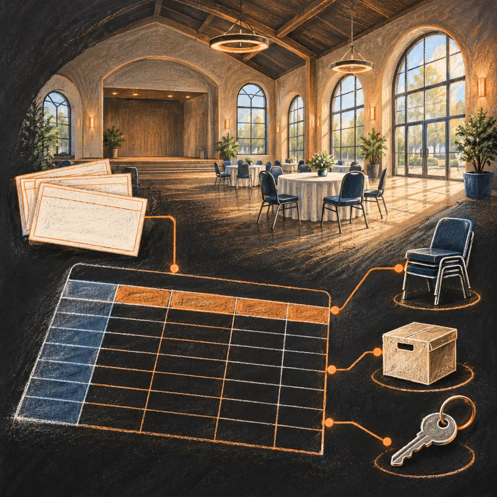 Chalk pastel illustration of a faith-neutral community hall, blank event cards, a facility key and operations spreadsheet grid on charcoal board