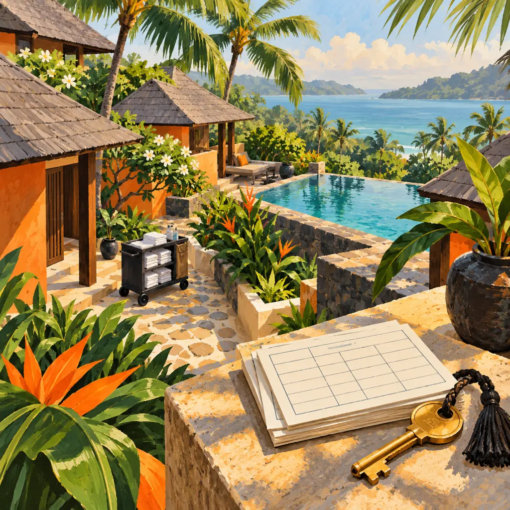 Gouache painting of a tropical resort courtyard with bungalow roofs, pool, service cart, blank operations grid and brass facility key